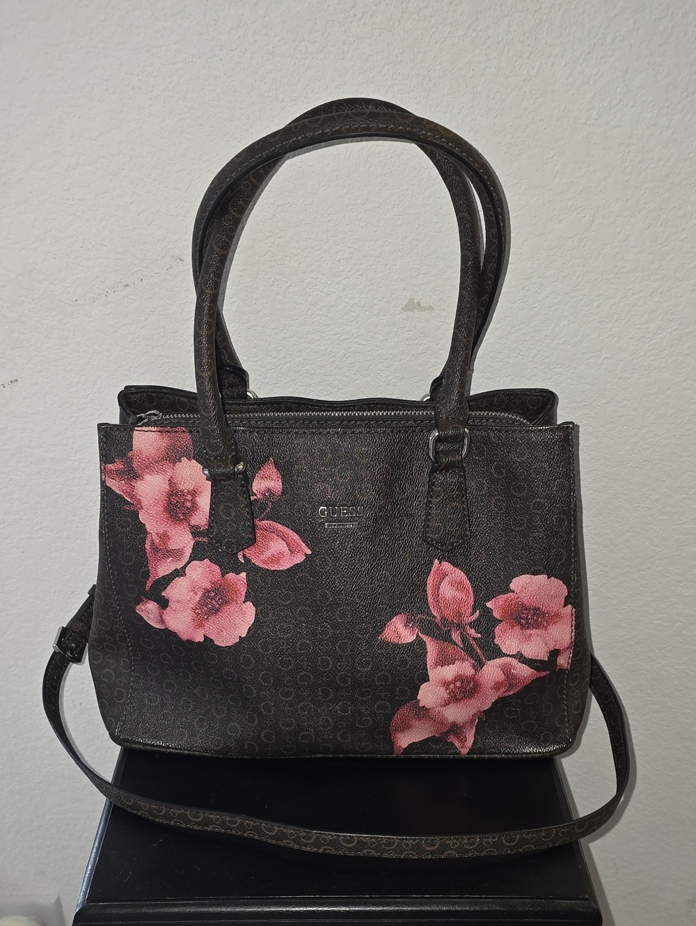 GUESS Dark Brown Shoulder Bag with Pink Floral Accents